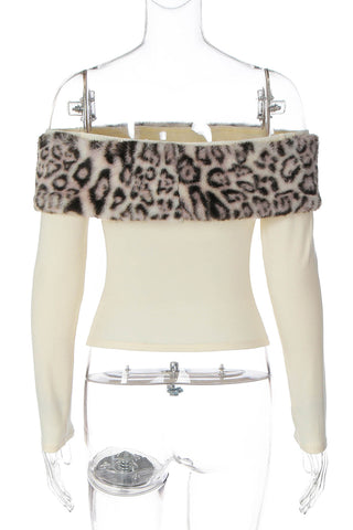Off-Shoulder Faux Fur Trim T-Shirt
