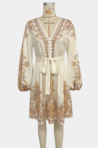 Belted Paisley Print Casual Dress