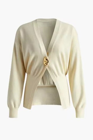 Elegant V-Neck Cardigan with Statement Button