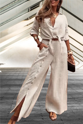Casual Tie-Front Top and Wide-Leg Pants Set