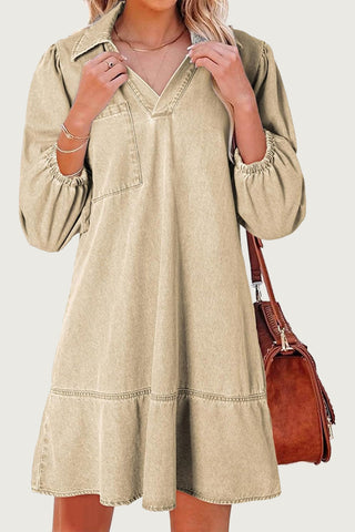 V-Neck Denim Dress with Puffed Sleeves