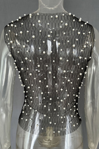 Pearl-Embellished Mesh Tank Top