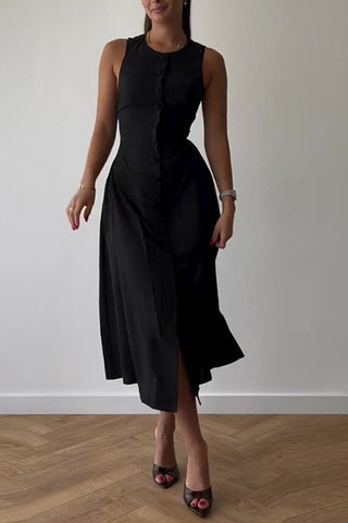Buttoned Front Sleeveless Midi Dress