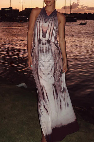 Abstract Print Halter Maxi Dress