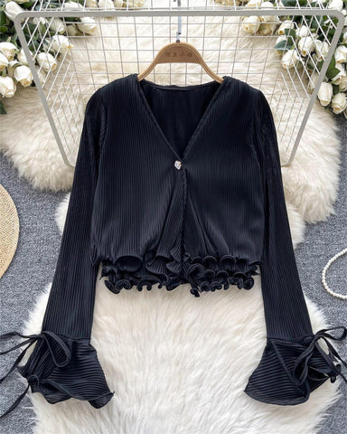 Ruffle-Trim Button-Front Blouse