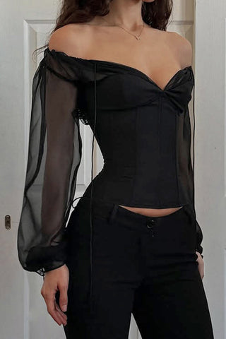 Sheer Sleeve Lace-Up Blouse