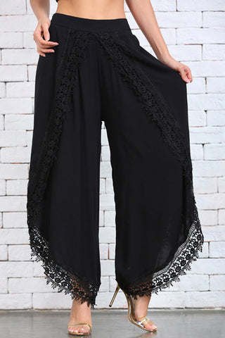 Lace Trim Wide-Leg Casual Pants