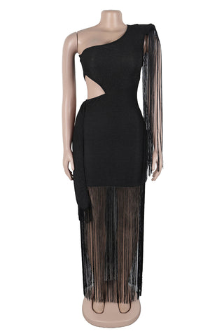 One-Shoulder Fringe Evening Dress