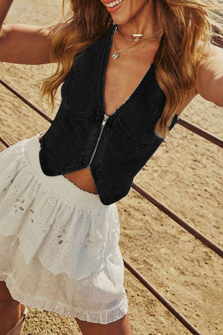 Zip-Up Denim Western Vest