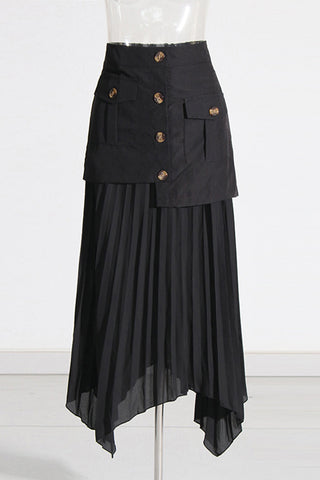 Button-Detail Pleated Skirt