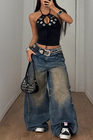 Eyelet Detail Halter Tank Top