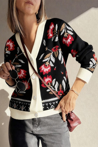 Floral Print Buttoned V Neck Cardigan