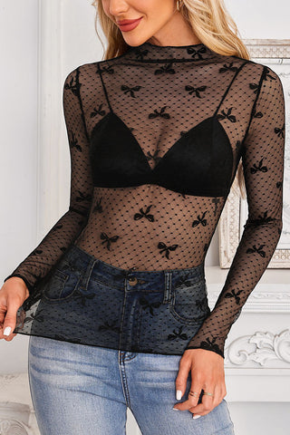 White Heart Lace Mesh Long Sleeve Top