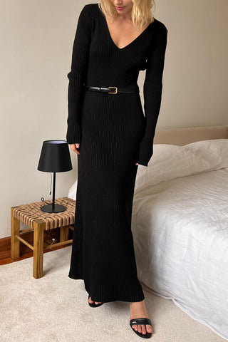 Ribbed V-Neck Long Sleeve Midi Dress