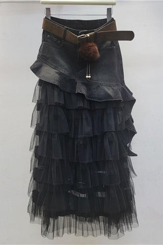 Layered Ruffle Denim Skirt