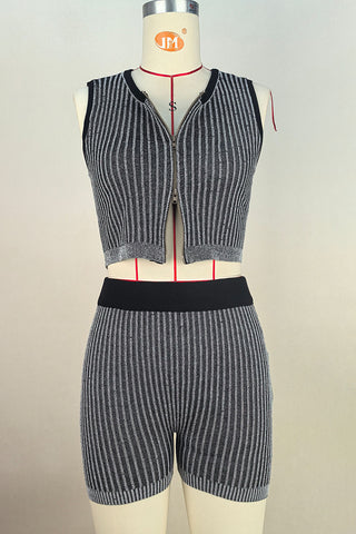 Zip-Front Striped Short Set
