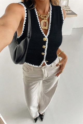 Button-Front Trimmed Knit Vest