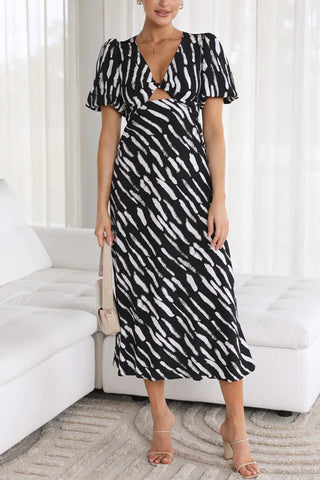Puff Sleeve Printed Midi Dress