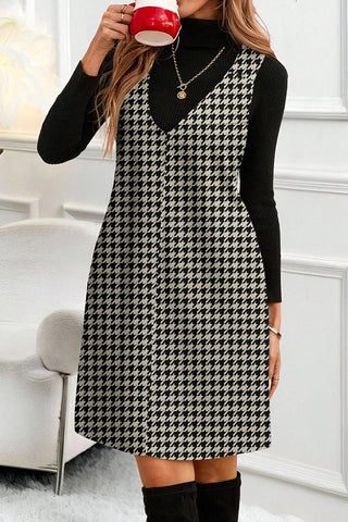 Houndstooth V Neck Sleeveless Mini Dress