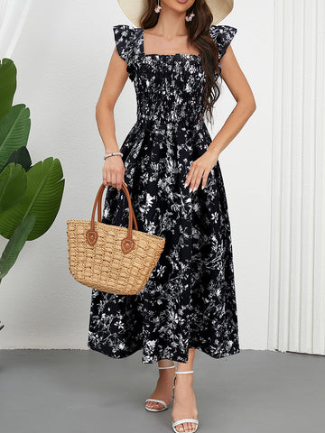 Floral Print Ruffle Sleeve Midi Dress
