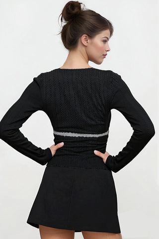 Ribbed Long-Sleeve Blouse with Lace Detail