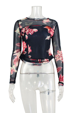 Floral Long-Sleeve Mesh Blouse
