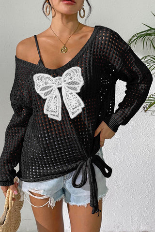 Lace Bow Open-Knit Top
