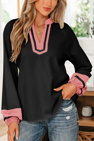 Color Block Patchwork V Neck Blouse
