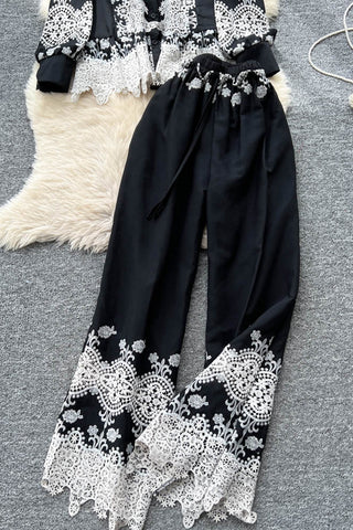 Lace Button-Up Pants Set