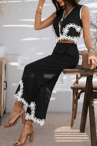 Floral Trim Wide-Leg Pants Set