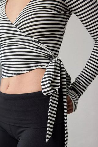 Striped Wrap-Front Long Sleeve Top