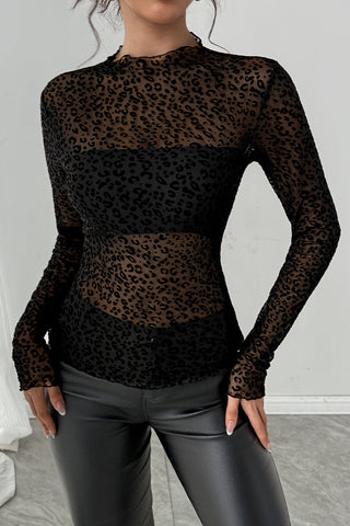 Sheer Leopard Print Long Sleeve Blouse