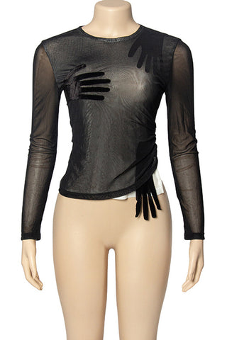 Sheer Mesh Top with Glove Print