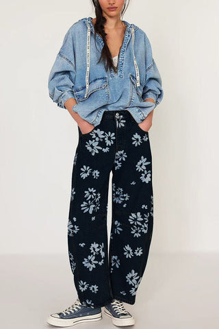 Heart Patterned Wide-Leg Jeans