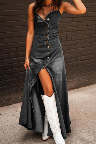 Button-Front Denim A-Line Dress