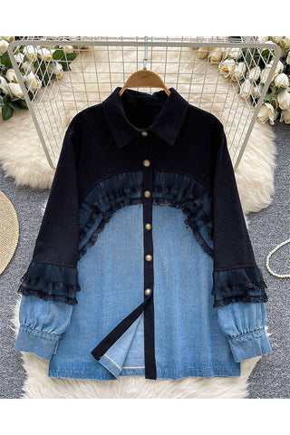 Ruffle-Trim Button-Front Denim Shirt