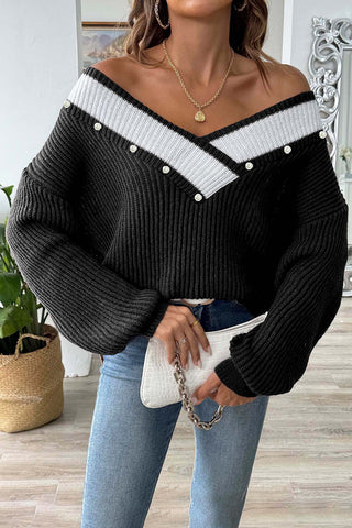 Pearl Accented V-Neck Sweater