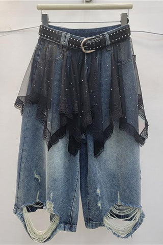 Layered Lace Skirt Denim Shorts