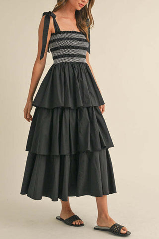 Tiered Dress with Bow Tie Straps