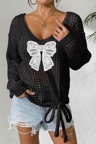 Lace Bow Open-Knit Top