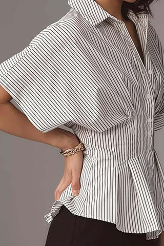 Striped Button-Up T-Shirt with Wide Sleeves