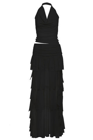 Tiered Halter Skirt Set with Ruched Bodice