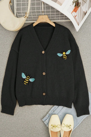Bee Embellished Button-Up Cardigan