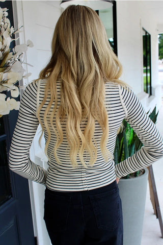 Half Button Stripe Long Sleeve Fitted Top
