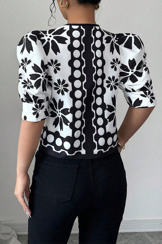 Bow-Tied Patterned Blouse