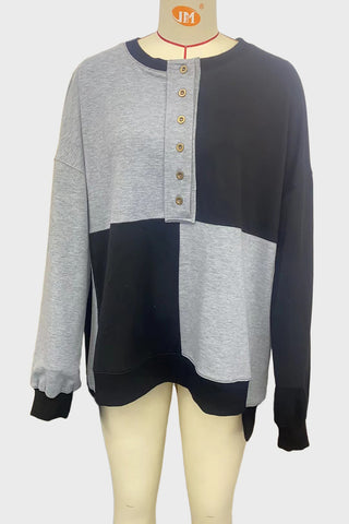 Button-Front Patchwork Sweatshirt