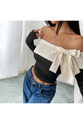 Off-Shoulder Bow Long-Sleeve Top