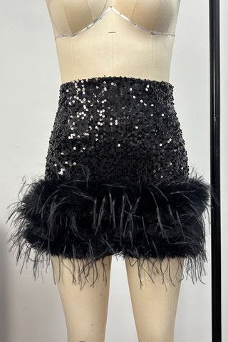 Feather Accent Sequin Mini Skirt