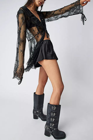 Sheer Lace Tie-Front Dress