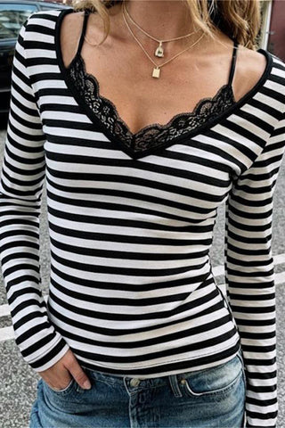 Striped V-Neck Long Sleeve T-Shirt